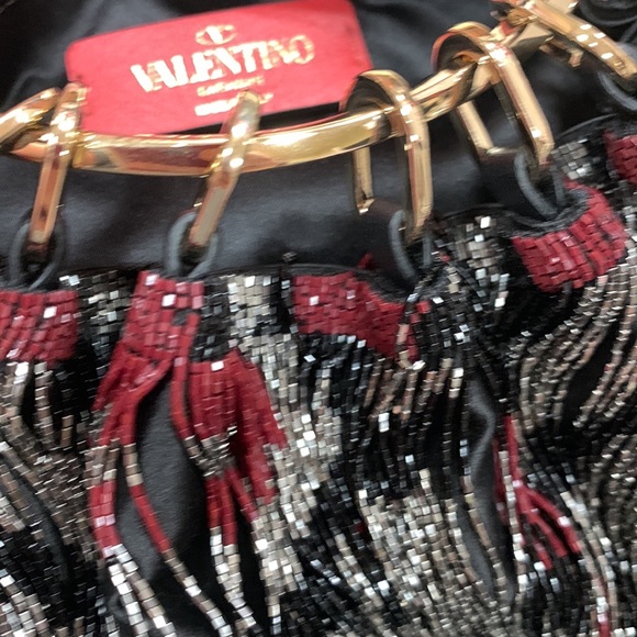 VALENTINO GARAVANI BEADED FRINGE SATIN CLUTCH WITH GOLD TONE ROUND HANDLE - Picture 9 of 16